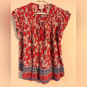 Knox Rose Red Floral Blouse with Blue Accents